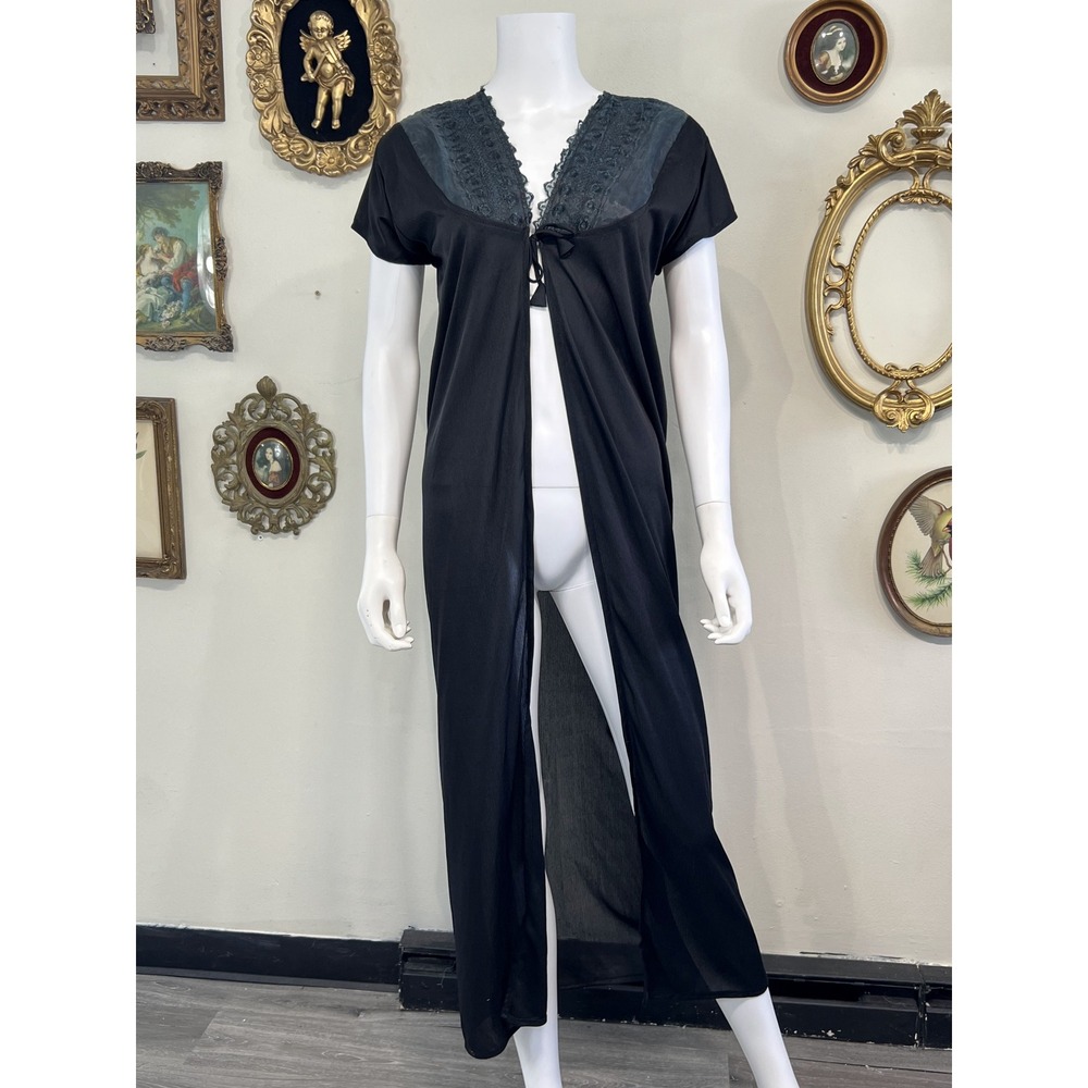 Vintage Black Open Front Maxi Robe Lingerie Lace Trimmed Flutter Sleeve Size S